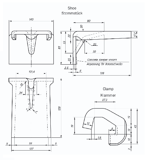 anti-slide utensil type Mathée I for concrete sleeper 60E1 (UIC 60) blueprint
